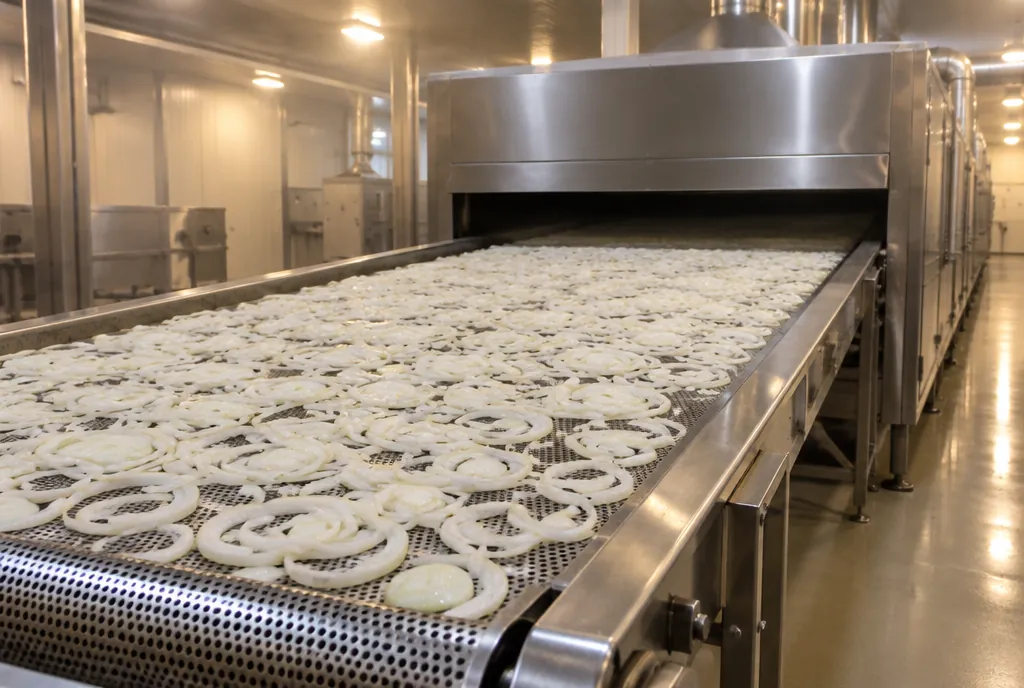 Thin white onion slices spread on a perforated stainless steel conveyor belt entering a hot-air belt dryer