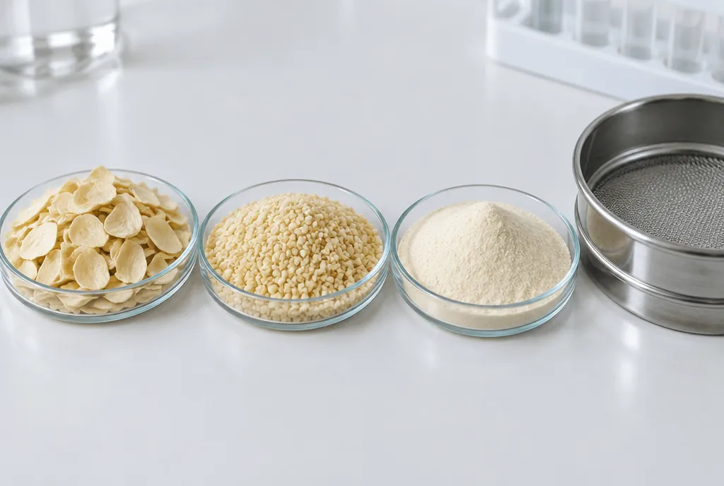 Dehydrated garlic in three forms, flakes, granules and powder, in glass dishes beside a stainless steel test sieve