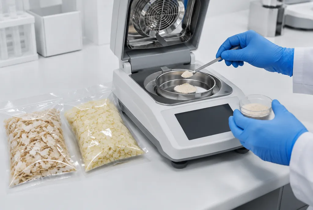 Gloved hands placing onion powder into a moisture analyser beside sealed sample pouches of onion and potato flakes