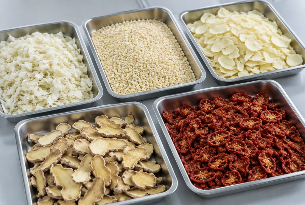 Stainless steel trays of dehydrated onion flakes, garlic granules, potato flakes, dried ginger slices and dried tomato slices on a quality-control bench