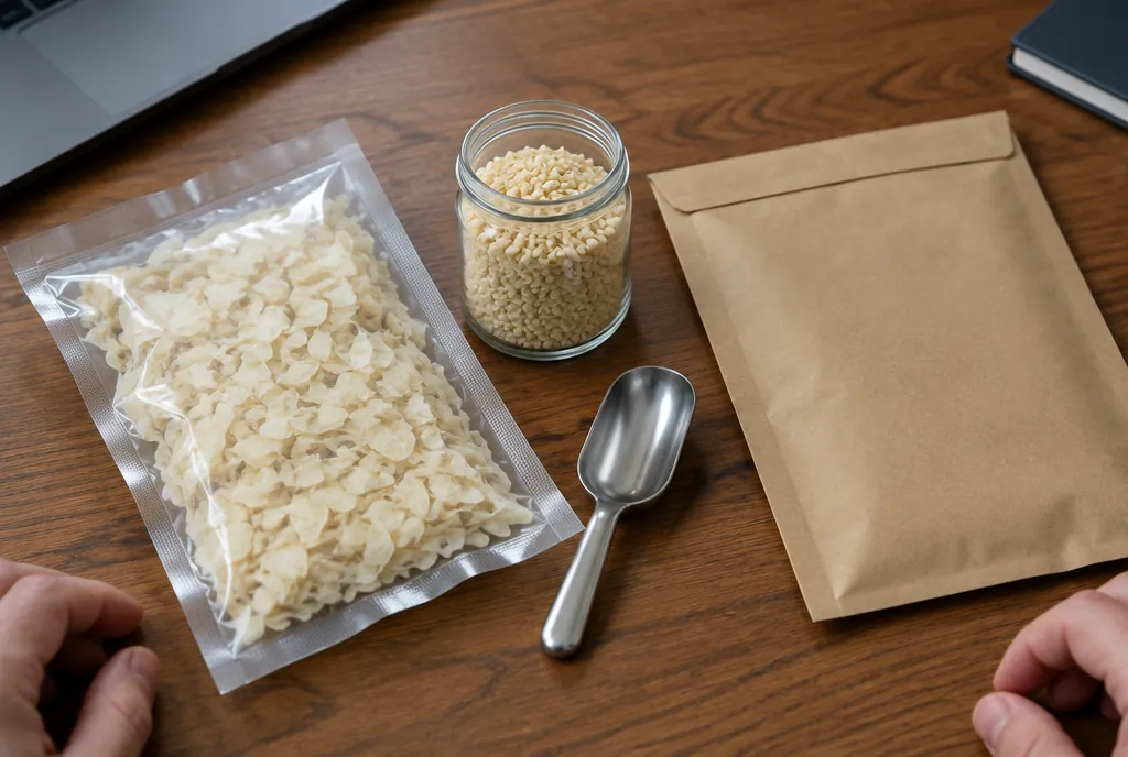 Heat-sealed clear pouch of dehydrated onion flakes beside a glass jar of garlic granules, a steel sample scoop and a plain brown courier envelope on a wooden desk