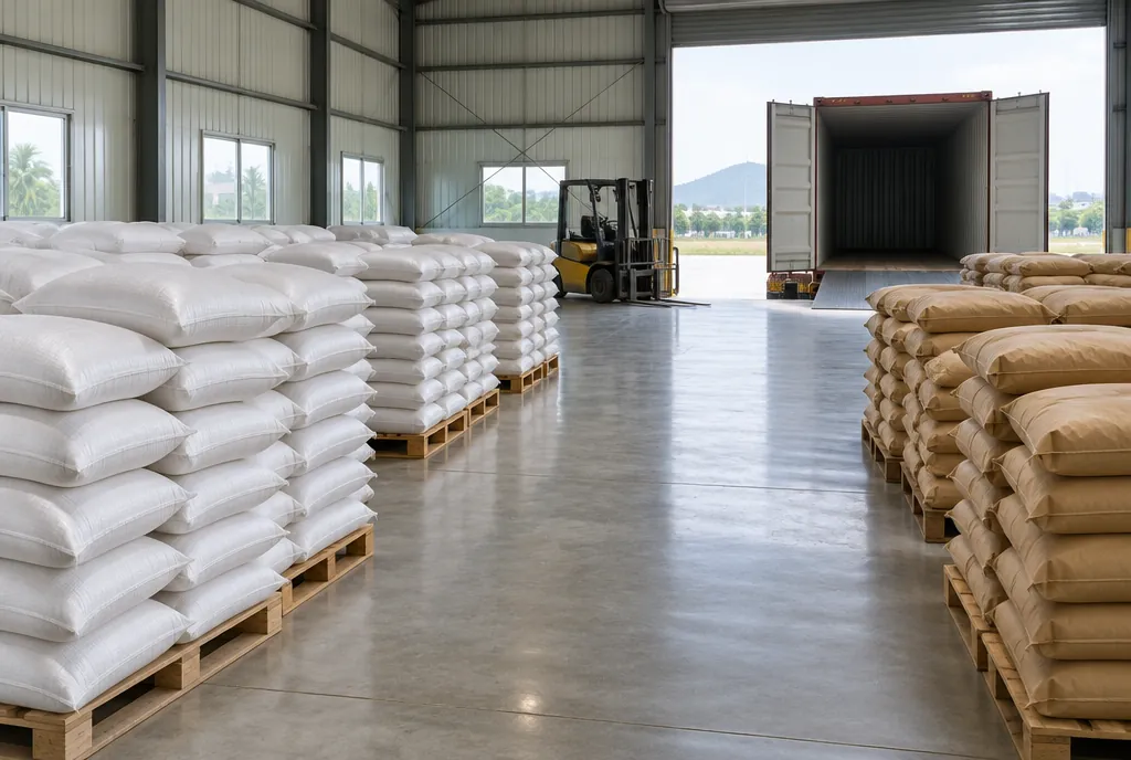 Warehouse with white and brown sacks of food ingredients stacked on wooden pallets beside an open shipping container at the loading dock