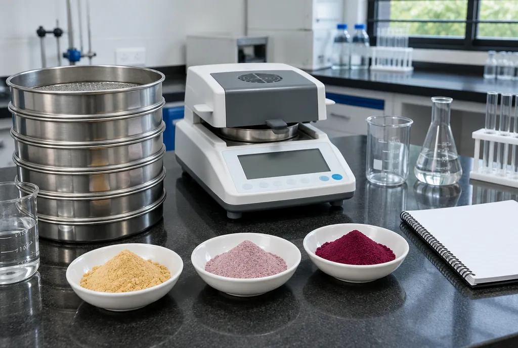Laboratory bench with a stack of steel test sieves, a moisture analyser, three dishes of ginger, onion and beetroot powder, glassware and a blank notebook