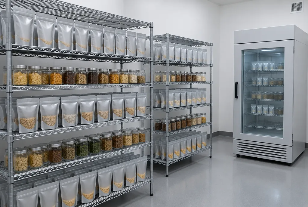 Wire racks of plain sample pouches and glass jars stored in batches beside a glass-door stability cabinet in a white storage room
