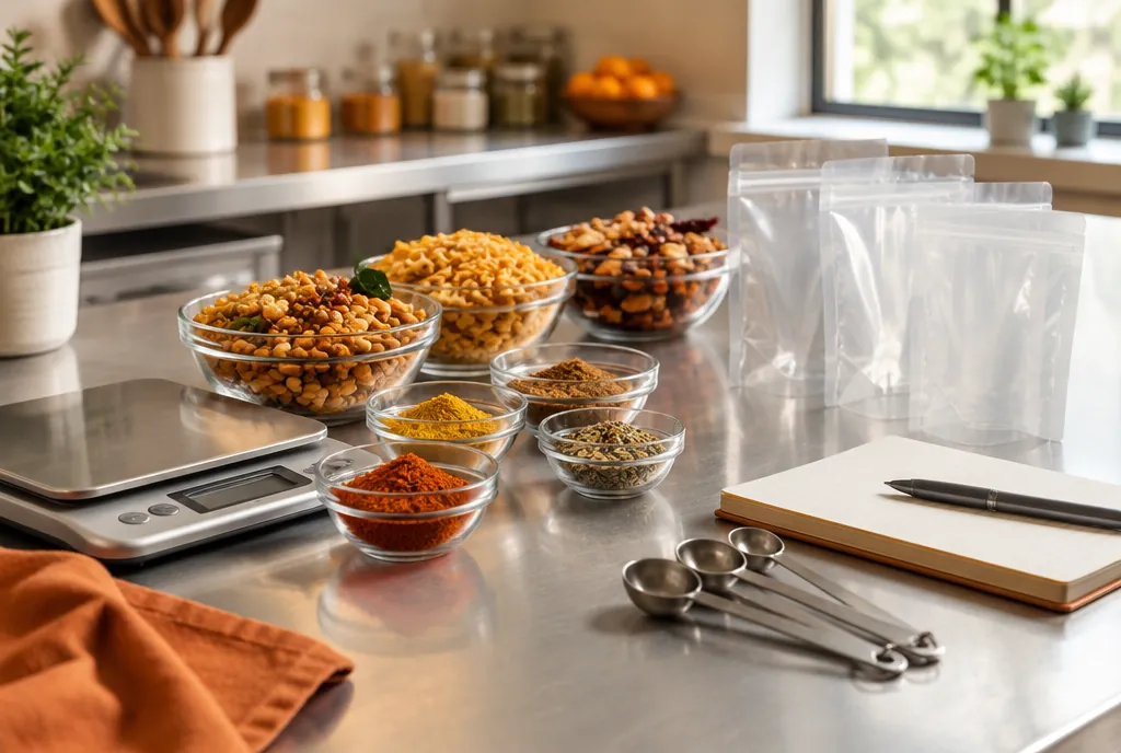 Test kitchen bench with bowls of Indian spice blends and snack mixes, a digital scale, clear sample pouches, measuring spoons and a notebook