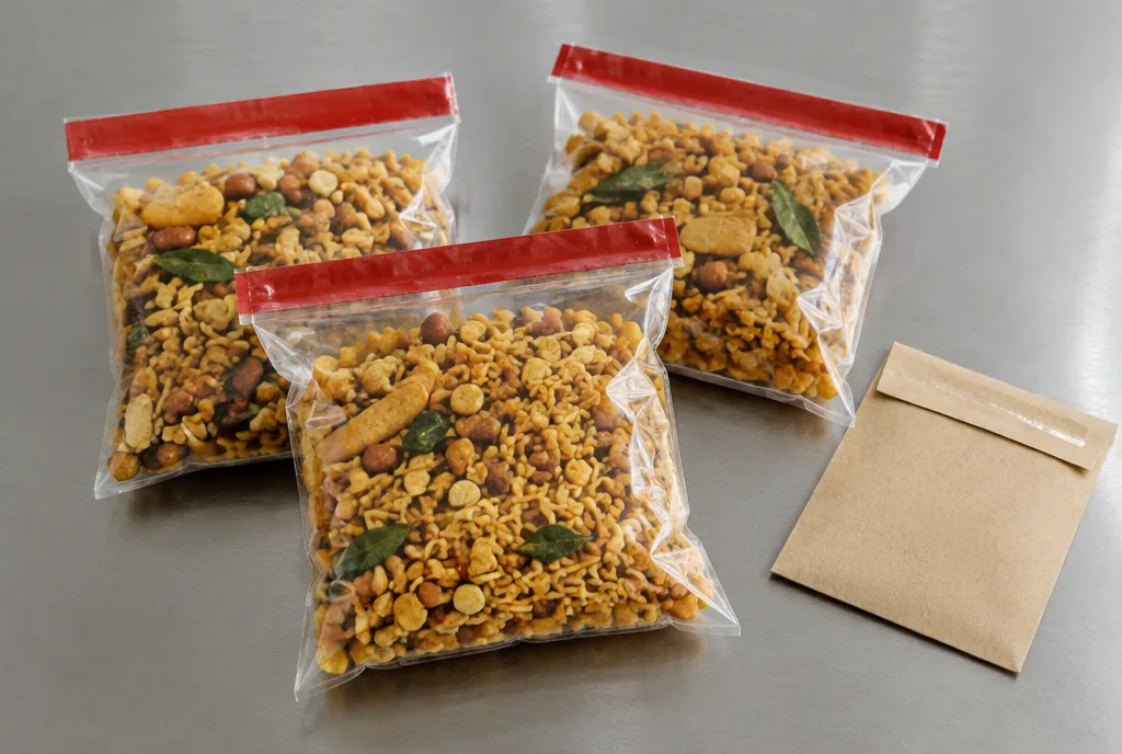 Three heat-sealed clear sample pouches of a savoury Indian snack mix with red seal strips beside a plain kraft envelope on a steel table