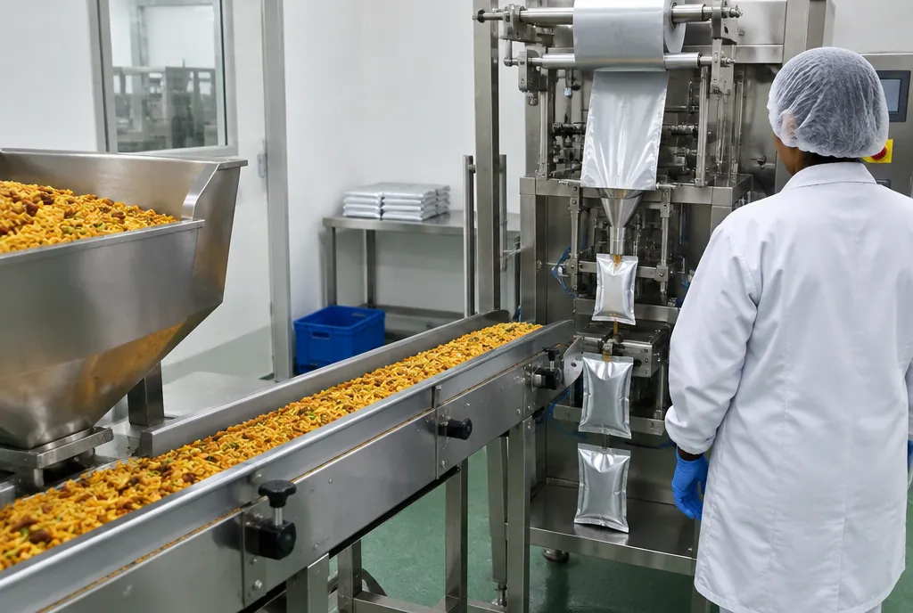 Snack mix moving along a steel conveyor to a pouch filling and sealing machine, watched by a worker in a white coat and hairnet seen from behind
