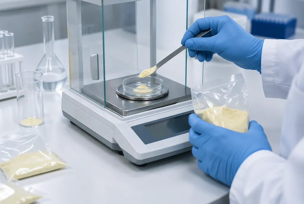 Gloved hands of a laboratory technician weighing pale yellow powder from a sample bag into a glass dish on an analytical balance
