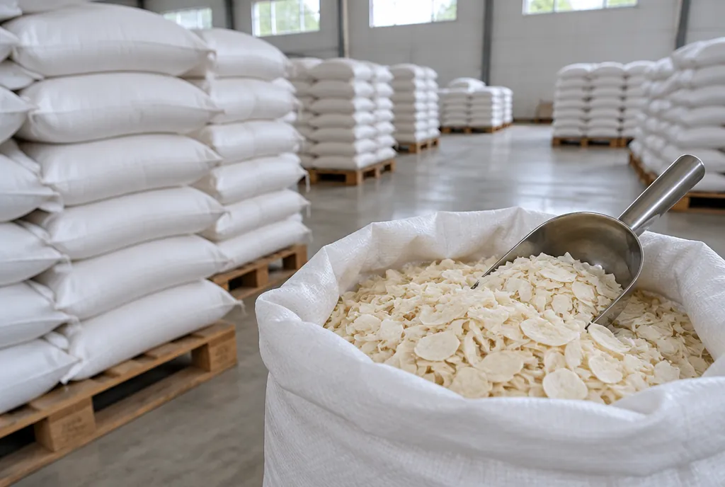 Stacks of white woven sacks on wooden pallets in a warehouse, with one open sack of creamy white dehydrated onion flakes and a steel scoop in the foreground