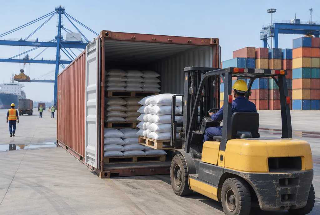 A forklift loading pallets of white woven sacks into a shipping container at an Indian port container yard, with gantry cranes and stacked containers behind