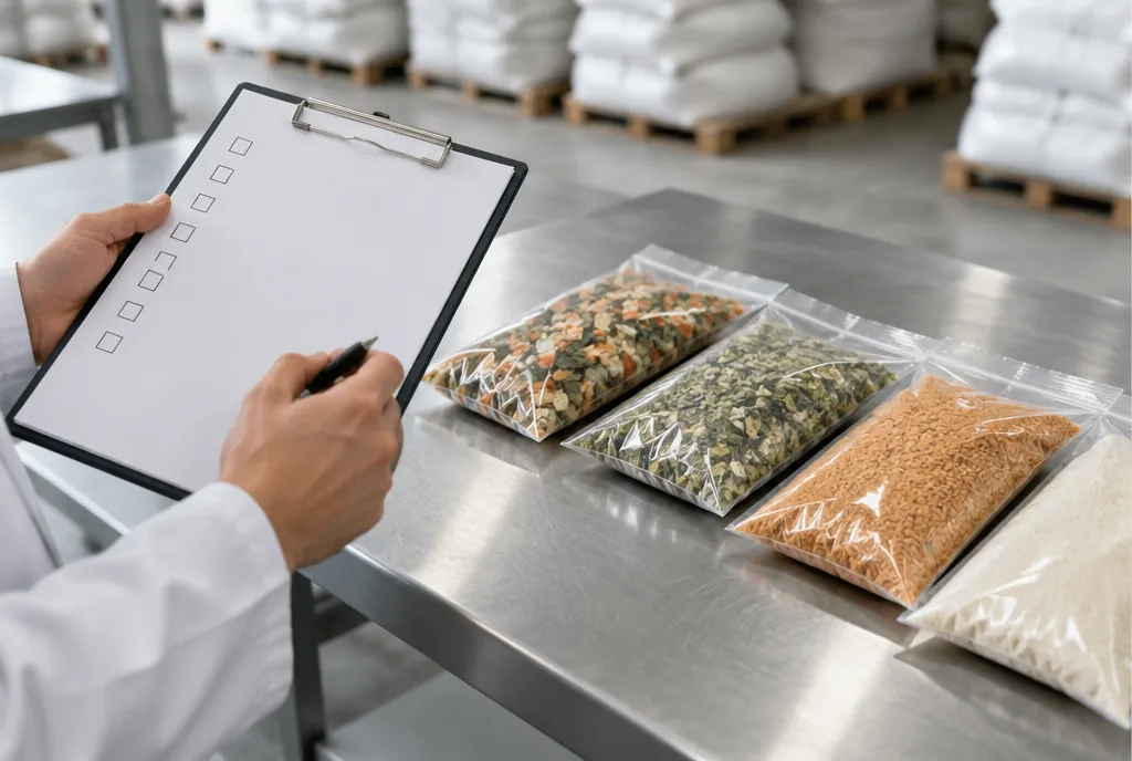 Hands holding a clipboard with a blank checklist beside four sealed clear pouches of dried vegetable pieces, granules and powder on a stainless steel table, with stacked sacks behind