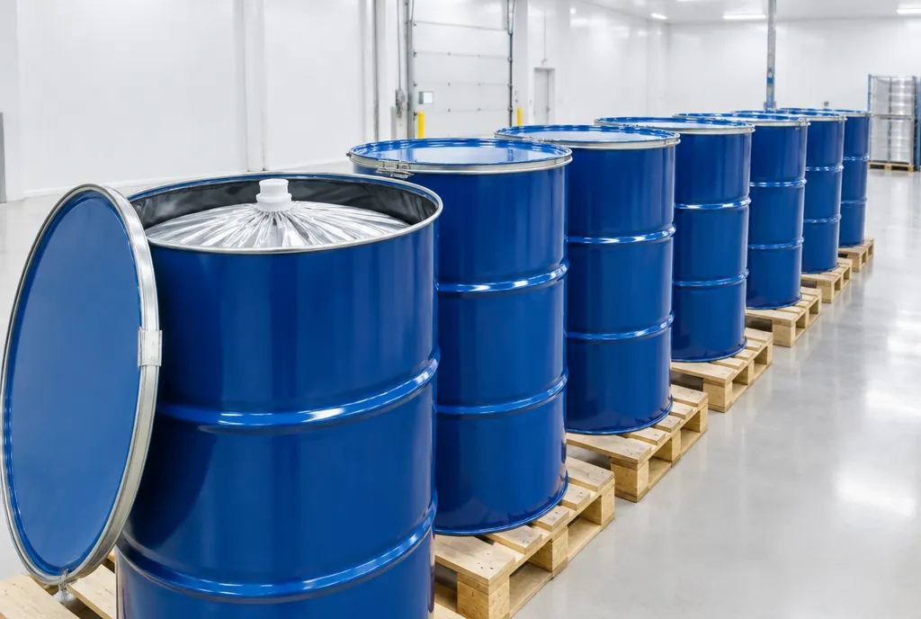 A row of blue steel drums on wooden pallets in a clean warehouse, the nearest drum open to show a sealed silver aseptic bag inside