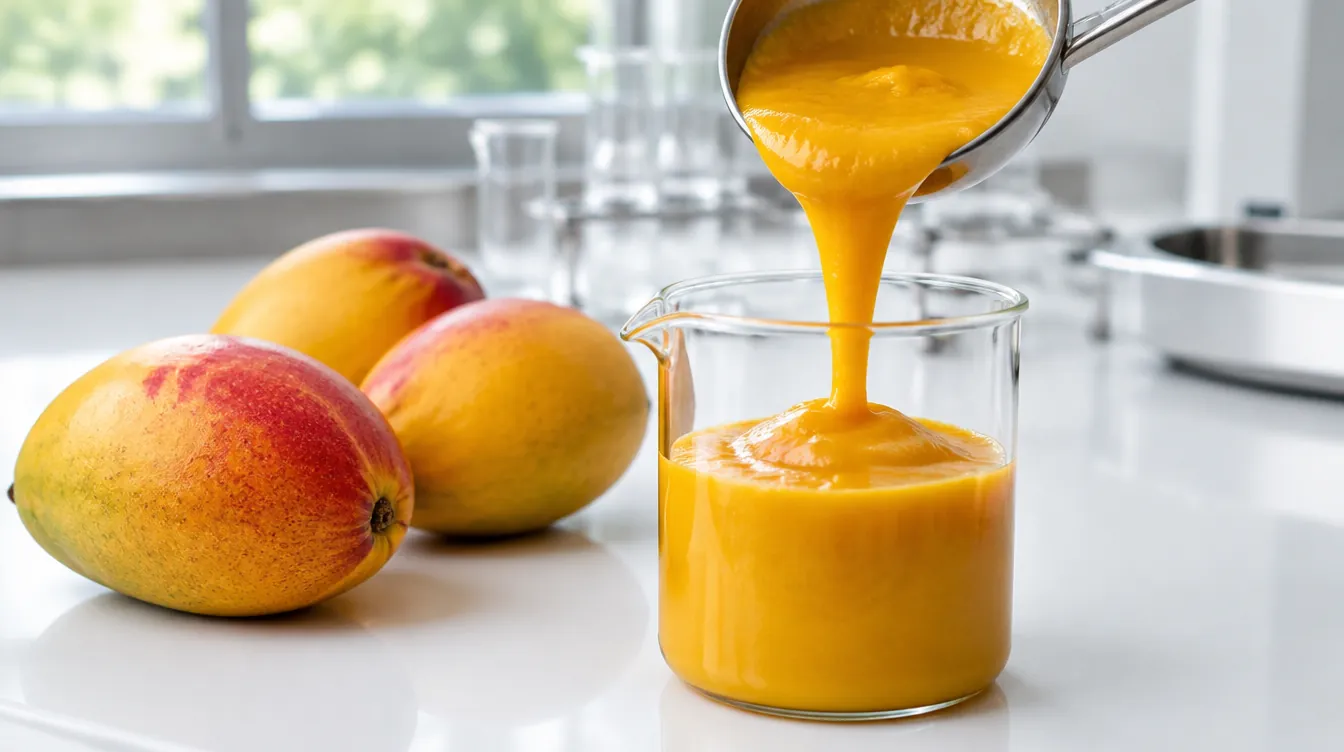 Thick orange mango pulp poured from a steel ladle into a glass beaker on a white laboratory bench, with three ripe red-blushed mangoes beside it