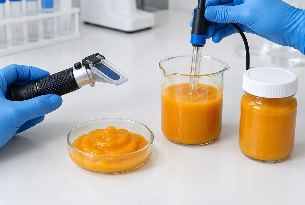 Gloved hands holding a handheld refractometer beside a dish of mango pulp, a pH probe in a beaker of pulp and a sealed sample jar on a laboratory bench