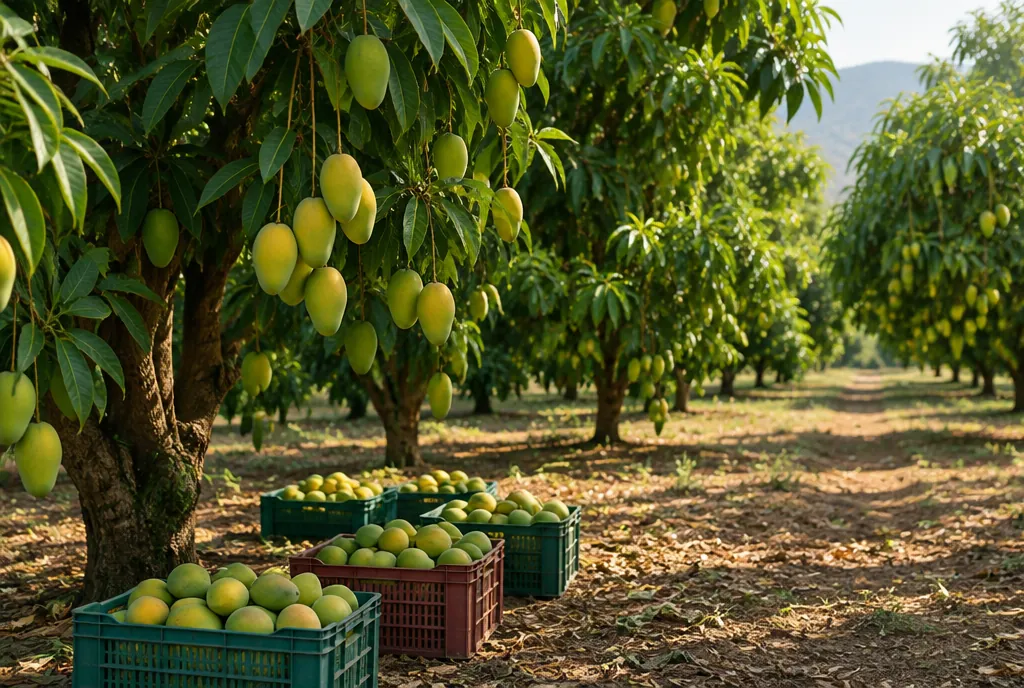 Rows of mango trees heavy with green-yellow fruit in an orchard, with plastic crates of freshly picked mangoes stacked in the shade