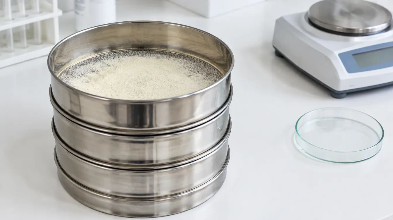 A stack of stainless steel test sieves on a white laboratory bench, the top sieve holding off-white onion powder, with a digital balance and an empty petri dish beside it