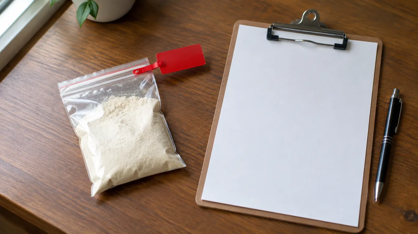 A clear zip-lock pouch of off-white onion powder closed with a red tamper-evident seal tag, on a wooden desk beside a blank clipboard and a pen