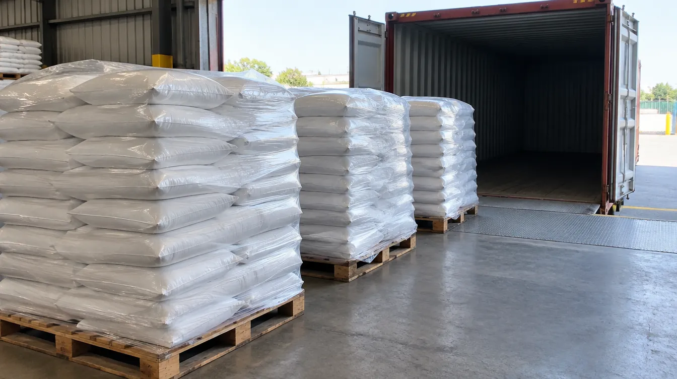 Plain white sacks stacked and shrink-wrapped on wooden pallets beside the open doors of a shipping container at a warehouse loading dock