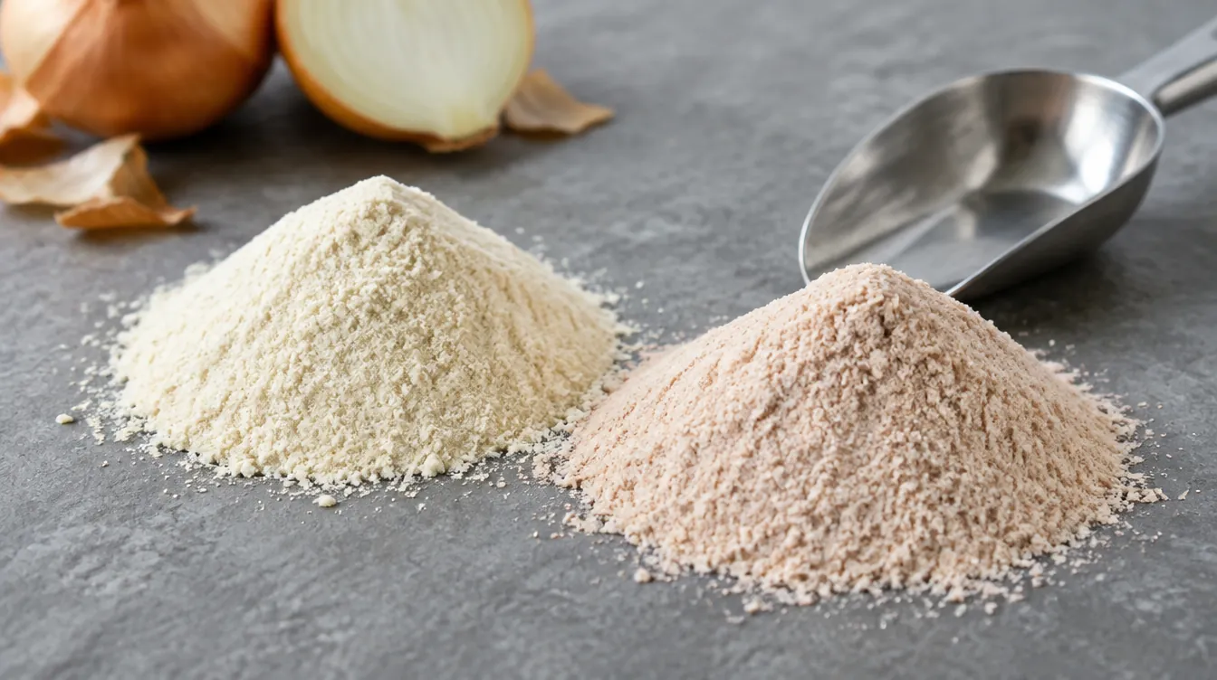 Two heaps of dehydrated onion powder on a grey stone surface, one off-white and one pale pink, with a steel scoop and halved onions behind them