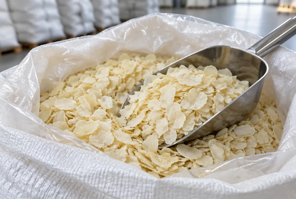 Pale cream dehydrated potato flakes in a stainless steel scoop resting in an open woven sack with a clear inner liner