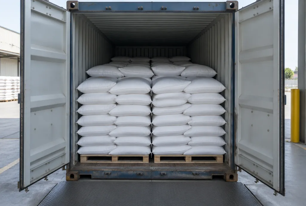 Plain white woven sacks stacked on pallets inside an open 20 foot shipping container at a loading dock