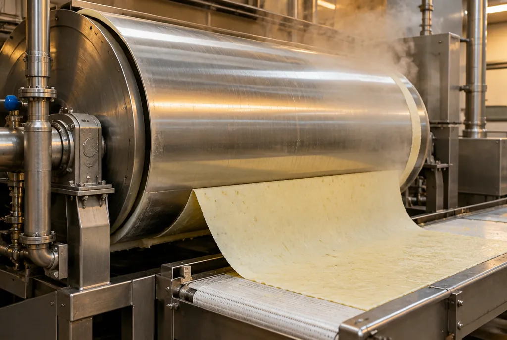 A thin pale sheet of dried mashed potato peeling off a large steam-heated steel drum dryer onto a conveyor