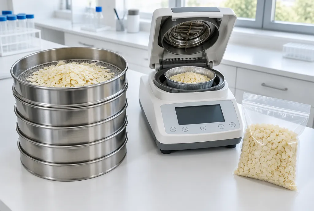 Potato flakes on a stack of steel test sieves beside a moisture analyser and a sealed clear bag of flake sample on a laboratory bench