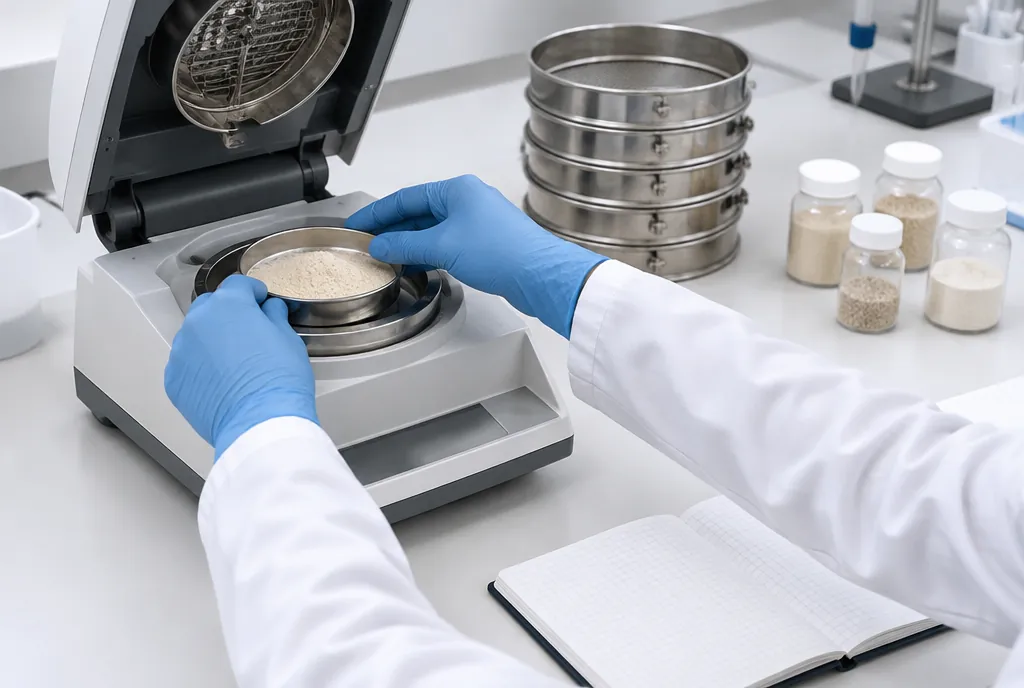 Gloved hands placing a dish of pale powder into a moisture analyser on a laboratory bench, with a stack of test sieves, small sample jars and an open notebook nearby