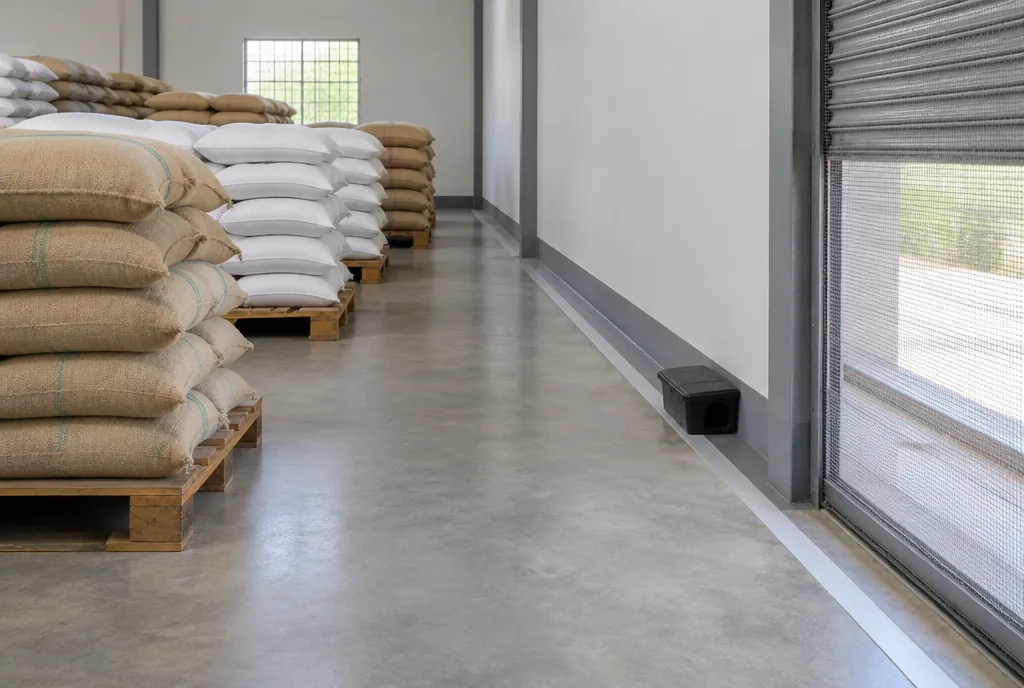 A warehouse with sacks stacked on wooden pallets away from the walls, a black rodent bait station on the floor by the wall and a mesh screen behind a rolled-up shutter