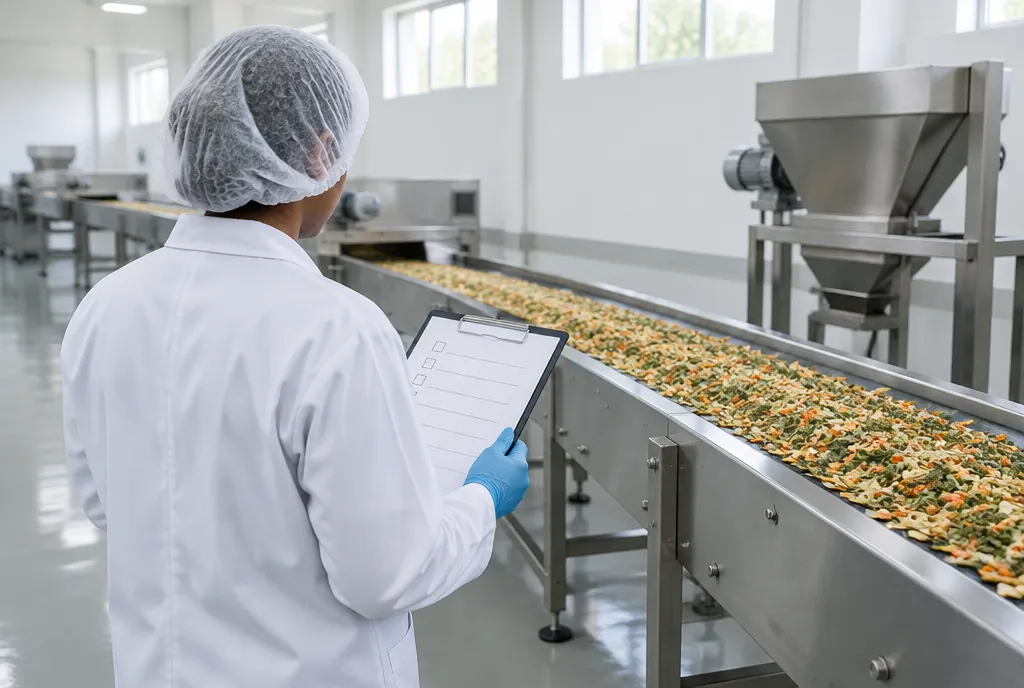A food auditor seen from behind in a white coat, hairnet and blue gloves, holding a clipboard checklist beside a stainless steel conveyor carrying dried vegetable flakes