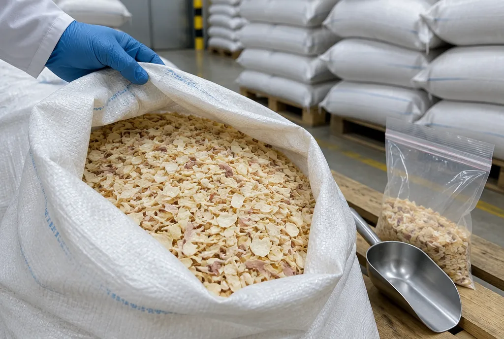 A gloved hand holding open a woven sack of dehydrated onion flakes at a receiving bay, with a steel sampling scoop and a sealed clear sample bag on a pallet and stacked sacks behind